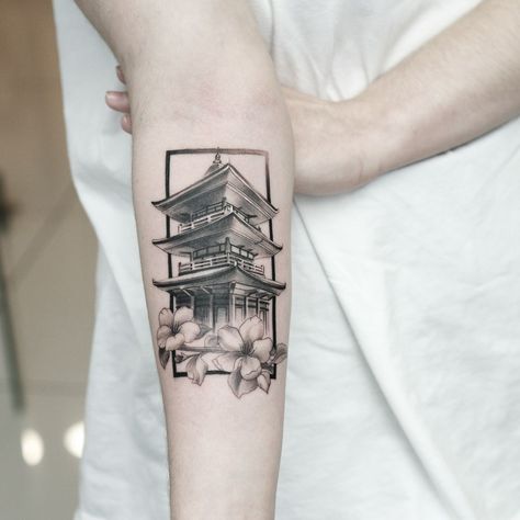 Pagoda tattoo made by @Cavanna_tattoo #tattoojapanese #pagoda #japanesetemple #tatuajetemplo #cavannatattoo #inked Japanese Square Tattoo, Korean Temple Tattoo, Japan Temple Tattoo, Japanese Architecture Tattoo, Japanese Building Tattoo, Japanese House Tattoo, Chinese Temple Tattoo, Japanese Tower Tattoo, Tori Gate Tattoo