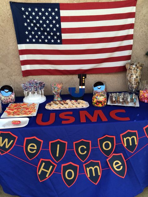 USMC welcome home party dessert table Marines Welcome Home Party, Marine Coming Home Party, Welcome Home Marine Party, Marine Welcome Home Party, Marine Graduation Party, Marine Party Ideas, Welcome Home Party Ideas, Welcome Home Marine, Usmc Party