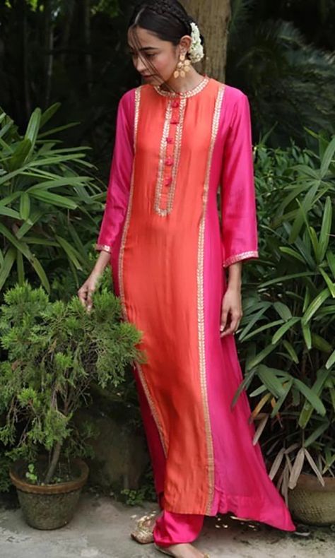 Satin Kurti Designs, Orange And Pink Outfit, Satin Kurta, Gota Embroidery, डिजाइनर कपड़े, Silk Kurti Designs, Luxury Pret, Craft Techniques, Pink City