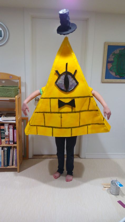 Bill Cipher. Gravity Falls kids costume cosplay. Total cost $20: one 1/2 inch foam mattress pad, yellow spray paint, duct tape, black paint and a lot of hot glue. Bill Cipher Cosplay, Gravity Falls Costumes, Gravity Falls Cosplay, Friend Costumes, Gravity Falls Bill, Bill Cipher, Creative Halloween Costumes, Fall Kids, Diy Halloween Costumes