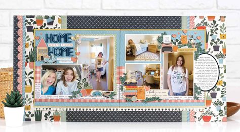 32-home-away-from-home-layout-by-jana-eubank Two Page Scrapbook Layouts, Magazine Format, Page Layout Design, Mix Photo, Scrapbook Layout Sketches, Fall Scrapbook, Scrapbook Sketches, Photo Scrapbook, Creative Sketches