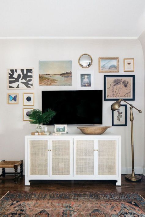 Tv Over Buffet, Styling Entertainment Center, Tv Over Desk, Dresser As Tv Stand In Living Room, Tv Above Dresser, Tv Console Decorating, Tv Bedroom, Tv Placement, Media Table