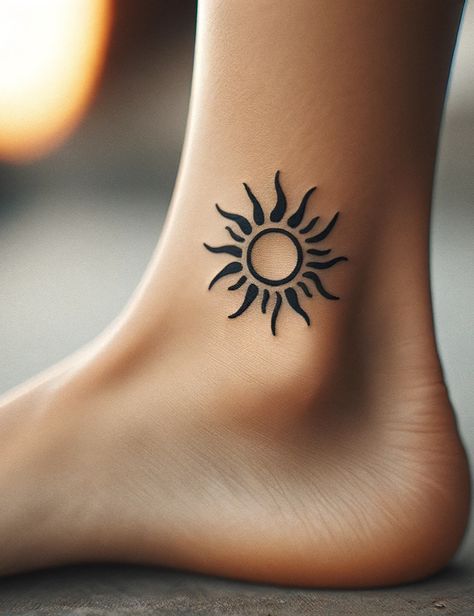 Ankle Tatoos Woman, Henna Ankle Designs, Ankel Tattoos Simple, Simple Foot Tattoos For Women, Female Ankle Tattoos, Side Of Foot Tattoo, Little Foot Tattoos, Tiny Sun Tattoo, Ankle Tats