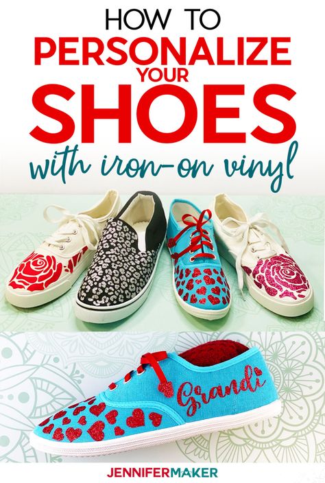 Personalize Your Shoes with Iron-On Vinyl or HTV - Free SVG Cut File for your Cricut #cricut #personalize #shoes Htv On Canvas, Jennifer Maker, Cricut Inspiration, Painted Canvas Shoes, Diy Sneakers, Glitter Heat Transfer Vinyl, Personalized Shoes, Diy Cricut, Iron On Vinyl