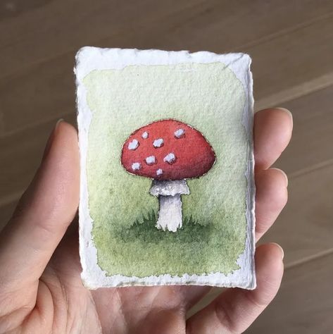 Goblincore Watercolor Art, Tiny Canvas Painting Watercolor, Painting A Mushroom, Mushroom Mini Painting, Cute Mushroom Watercolor, Watercolor Art Cottagecore, Tiny Mushroom Painting, Mushroom Drawing Watercolor, Mini Watercolor Ideas