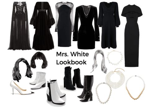 Mrs White Cluedo Costume, Clue Characters Halloween Costume, Mrs White Clue Costume Ideas, Ms White Clue Costume, Clue Party Outfits, Clue Inspired Outfits, Mrs White Costume Clue, Mrs White Clue Costume, On Stage Outfit