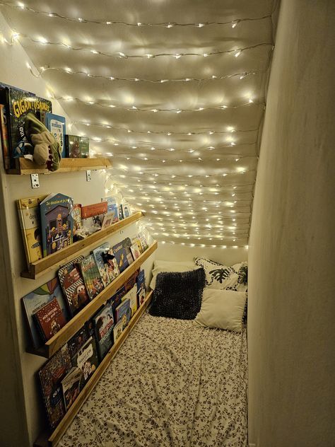 Secret Under Stairs Room, Under Closet Playroom, Hidden Playroom Under Stairs, Basement Reading Nook Under Stairs, Mezzanine Reading Nook, Under The Stairs Bed, Under Stairs Art Room, Under Stair Cubby, Small Attic Playroom Ideas