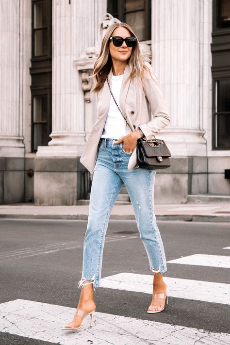 Fashion Jackson Wearing Express Beige Blazer Outfit White Tshirt Ripped Jeans Clear Sandal Heels Street Style 3 Clear Heels Outfit, Heels Street Style, Heels Work Outfit, Beige Blazer Outfit, Jeans Heels Outfit, Casual Spring Outfit, Outfits Jeans, Beige Blazer, Heels Outfits