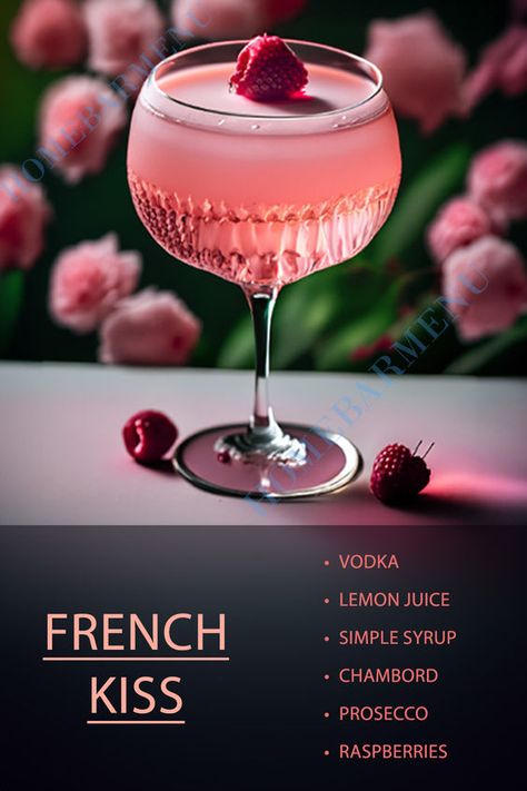 Bar Menu Food Ideas, Red Queen Cocktail, French Kiss Drink, Signature Martini Cocktails, Happy Hour Drink Ideas, French Kiss Cocktail, French Drinks Cocktails, Different Martinis, Sparkling Rose Cocktail