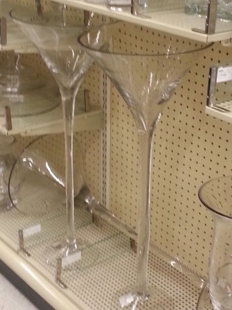 Long stemmed martini glasses #HobbyLobby. Perfect for reception centerpieces! Giant Martini Glass Decor, Large Martini Glass Centerpiece, Martini Party Ideas Decoration, Martini Glass Centerpiece, Harlem Nights Theme, Wedding Ring Upgrade, Wedding Decorations Diy Centerpiece, Speakeasy Decor, Pearl Bouquet