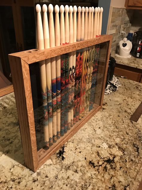 Display case for drumsticks, we have a family member that collects them. Drums Studio, Loft Designs, Drum Room, Home Music Rooms, Guitar Room, Music Room Decor, Boy Decor, Crate Storage, Boys Bedrooms