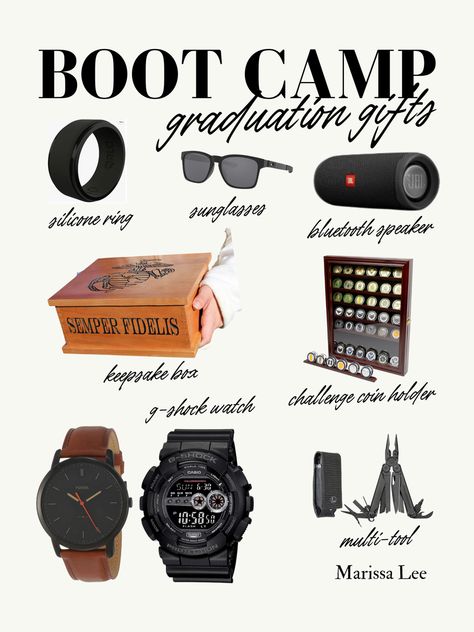 Gift ideas for military boot camp graduations (or basic military training). Men’s gift ideas (watches, military challenge coin holder, Bluetooth speaker, military keepsake box, sunglasses, silicone ring) for a service member’s graduation. Great ideas for military spouses and girlfriends! Boot Camp Graduation Gifts, Navy Boot Camp Graduation, Basic Training Graduation, Marines Boot Camp, Boyfriend Graduation Gift, Marine Girlfriend, Basic Military Training, Boot Camp Graduation, Military Wife Life