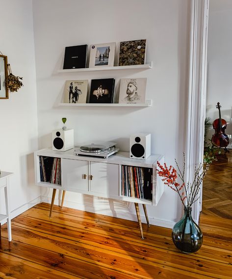 This IKEA KALLAX hack is now a chic record player stand | Livingetc | Ikea Vinyl Storage, Vinyl Record Room, Vinyl Room, Record Room, First Apartment Decorating, Ikea Hack Ideas, Ikea Kallax, Kallax Ikea, Vinyl Storage