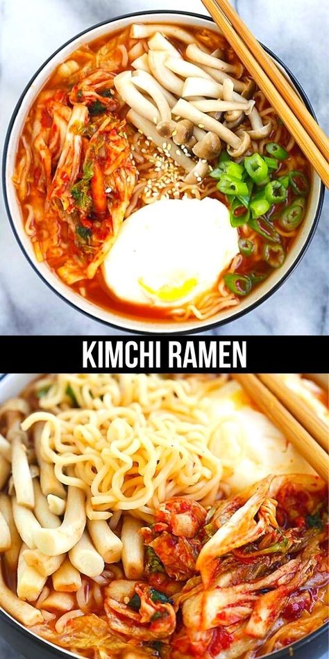 Kimchi Mushroom, Kimchi Ramen Recipe, Spicy Korean Ramen, Koreansk Mad, Ramen Spicy, Easy Kimchi, Kimchi Ramen, Korean Ramen, Ramen Recipe