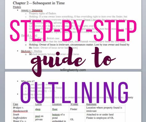 When you first start law school, you'll hear the word "outline" constantly without really understanding what it is. An outline is basically a sum of all your notes for a specific class to help you stu Lsat Study, Law School Quotes, Legal Writing, Law School Prep, Note Taking Strategies, Law School Life, College Resources, Bar Prep, School Preparation