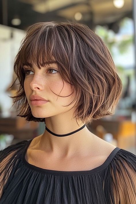 35 Effortless Chic Bob Hairstyles : Chic Rich Brunette Tousled Bob with Fringe Chin Bob With Bangs, Bob With Fringe Fine Hair, French Bob With Fringe, French Bob With Bangs, Chic Bob Hairstyles, Hairstyles For Seniors, Bob With Fringe, Kinds Of Haircut, Chic Bob