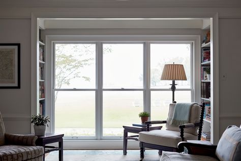 Like these large windows with bookshelves in the bump out. Traditional Architect, Living Room Painting, Bedroom Redesign, Classic Window, Room Painting, Double Hung Windows, Classic Living Room, White Windows, Home Addition