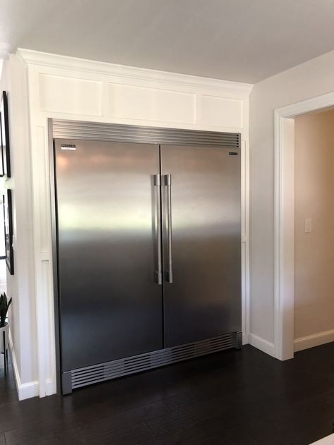 This stainless steal Double Frigidaire refrigerator is massive. This staple screams luxe in any kitchen and this is why it was added on a flip. These can be costly but the built-in aspect is great for buyers. #professionalrefrigerrator #kitchenrenovation #upgradeyourfridge #refrigerator #doublerefrigerator #sleekdesign #flippinghouses #HGTV #Househunters #makeyourhousebetter #loveyourhouse #stylishkitchendesign #largerefrigerator #neverenoughspace Double Refrigerators In Kitchen, Double Fridge Kitchen, Frigidaire Professional Refrigerator, Built In Fridge Freezer, Massive Kitchen, Fridge Design, Stylish Kitchen Design, Large Refrigerator, Kitchen Aid Appliances