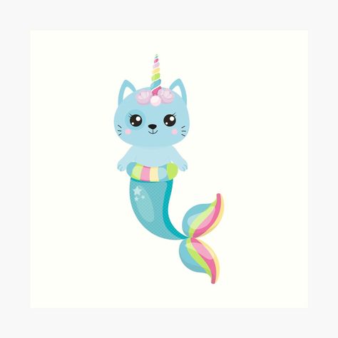 Get my art printed on awesome products. Support me at Redbubble #RBandME: https://www.redbubble.com/i/art-print/Cute-Cat-mermaid-blue-Unicorn-mermaid-for-all-unicorn-lovers-by-ToniaKroeger/49295421.1G4ZT?asc=u Meowgical Birthday, Cat Mermaid, Cat Unicorn, Mermaid Cat, Blue Unicorn, Unicorn Mermaid, Disney Cats, Mini Pool, Unicorns And Mermaids