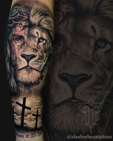 Lion Leg Tattoo, Jesus Tattoo Sleeve, Lion Arm Tattoo, Biblical Tattoos, Lion Tattoo Sleeves, Verse Tattoos, Mens Lion Tattoo, Christ Tattoo, Sleeve Tattoos For Guys