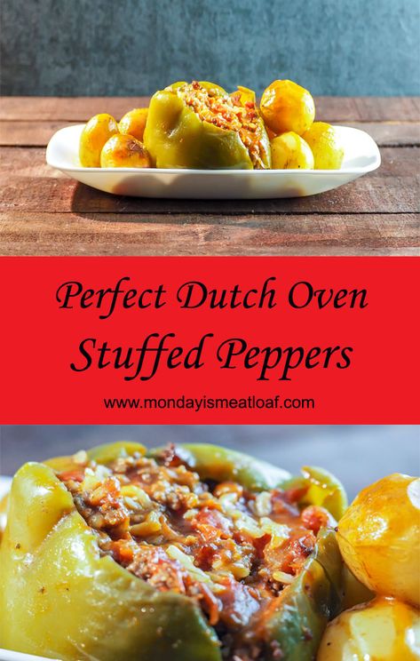 An easy recipe for stuffed green peppers that is loaded with flavor and cheesy goodness! A wonderful comfort food dinner that I love to make for my family. This is perfect for potlucks, and makes a great meal to have a weeknight dinner with the leftovers later in the week! A great main course dinner! Stuffed Peppers Dutch Oven, Stuffed Bell Peppers Dutch Oven, Dutch Oven Stuffed Peppers, Baked Dinner Recipes, Potluck Dinner, Baked Dinner, Dutch Oven Cooking, Cooking Courses, Dutch Oven Recipes