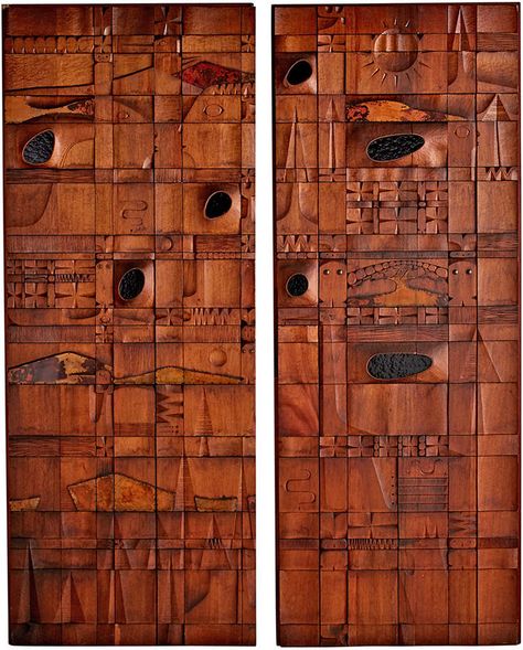 Pair of Carved Teak Panels Inspired by Leroy Setziol Plaster Relief, Assemblage Sculpture, Mahogany Doors, Marquetry, Mural Painting, Architectural Salvage, Wood Sculpture, Moana, Wall Sculptures