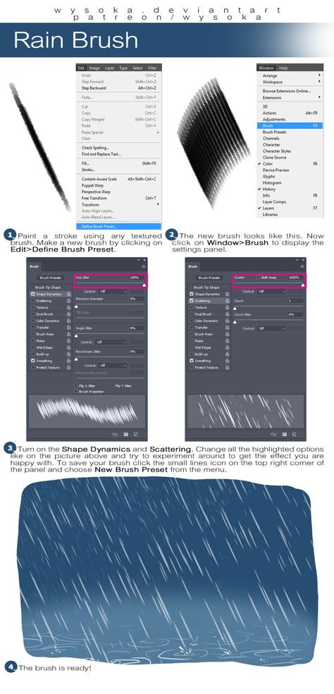 How to create Rain Brush by wysoka Digital Art Tutorial Photoshop, Drawing Rain, Free Brushes, Rain Painting, Manga Drawing Tutorials, Background Drawing, Coloring Tutorial, Digital Painting Tutorials, Photoshop Tips