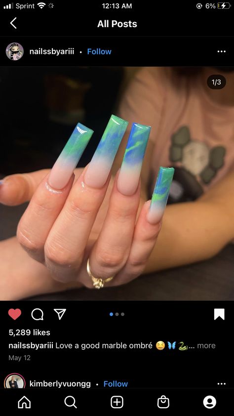 Summer Acrylic Nails Blue Ombre, Blue And Green Nails Acrylic, Blue And Green Nails Ideas, Blue And Green Ombre Nails, Green Blue Ombre Nails, Blue Green Ombre Nails, Blue And Green Nails Designs, Blue To Green Ombre Nails, Ombré Teal Nails