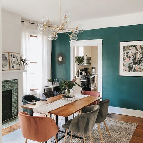 Teal Paint Color, Dining Room Teal, Wall Dining Room, Dining Room Trends, Statement Walls, Green Dining Room, Teal Paint, Dining Room Seating, Target Home Decor