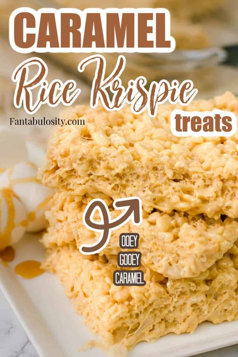 These rice krispie treats with caramel are a game changer! They have such a creamy texture, more than regular rice crispy treats. #caramel #ricekrispietreats #dessert Treats With Caramel, Caramel Rice Krispie Treats, Carmel Recipe, Caramel Treats, Krispie Treats Recipe, Sweet Treats Recipes, Rice Crispy Treats, Rice Krispie Treats, Crispy Treats