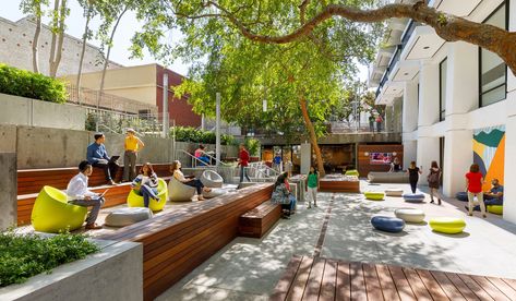 Strategies for Activating Outdoor Workspaces - LPA Outdoor Gathering Space, Folding Glass Doors, Bocce Ball, Desain Lanskap, Pool Tables, Outdoor Office, Natural Ventilation, Shade Structure, Inspiring Spaces