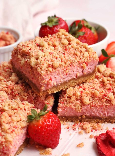 Strawberry Shortcake Cheesecake Bars - Scientifically Sweet Strawberry Crunch Cheesecake Bars, Cheesecake Bars Recipes, Good Humor Strawberry Shortcake, Fresh Strawberry Shortcake, Strawberry Shortcake Cheesecake Bars, Strawberry Shortcake Ice Cream Bars, Baking Bars, Award Winning Desserts, Scientifically Sweet