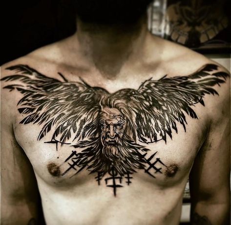 Norse inspired chest tattoo sent in by @j.hendy.3 What do you think? #tattoolife #chesttattoo #tattooculture #tattoos #tattooedmen #tattooedmodels #inkedup #inkedmodels #inkedmen #inkstagram #tagsomeone #vikingtattoo #vikinginspired #vikingstyle #tattoolovers Norse Chest Tattoo, Viking Chest Tattoo Men, Viking Chest Tattoo, Germanic Tattoos, Viking Tattoos For Men, Nordic Compass, Viking Warrior Tattoos, Dragon Drawings, Viking Men