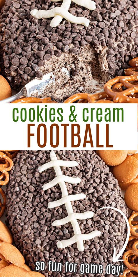 If you love sweet cheese ball recipes, this Oreo Cookies and Cream Cheese Ball Recipe for Game Day is going to knock your socks off! Perfect game day snack! Cream Cheese Balls Recipe, Football Shaped Foods, Football Desserts, Superbowl Desserts, Cream Cheese Ball, Football Snacks, Bowl Party Food, Cheese Ball Recipes, Superbowl Snacks