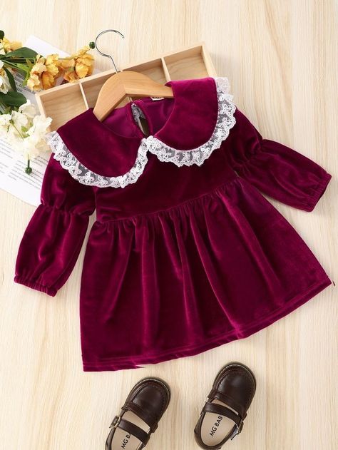 Baby Velvet Frocks Designs, Velvet Baby Frocks, Baby Girl Velvet Frock, Velvet Frock For Kids, Red Velvet Dress Outfit, Baby Winter Dress, Girls Red Velvet Dress, Velvet Frock, Velvet Dresses Outfit