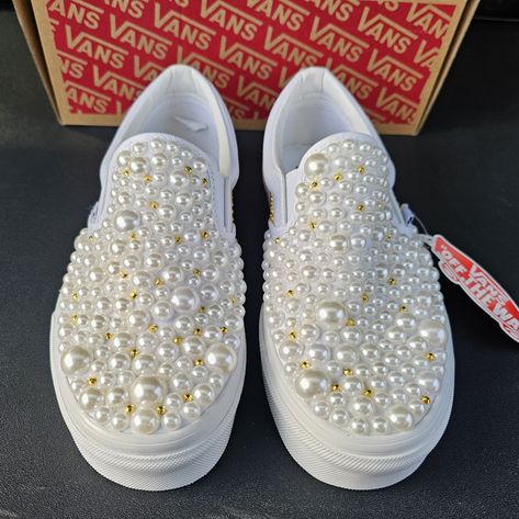 Hand Beaded And Made With Love . Custom Wedding Vans. Brand New, With Tag, Never Worn. Size 8.5, Womens. "Just Married" Decals As Pictured. Gold Rhinestones And Off White Pearls. Reception Sneakers, Vans Shoes Custom, Diy Rhinestone Crafts, Wedding Vans, Vans Slip On Shoes, Gold Vans, Black And White Vans, Slip On Vans, Van Color