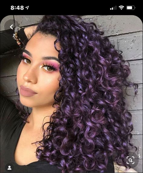 Cute Hair Dye Ideas For Curly Hair Purple, Purple Peekaboo Curly Hair, Dyed Curly Hair Ideas Colour Purple, Curly Hair Dyed Tips, Curly Hair Color Ideas Purple, Dark Purple Hair Curly, Lavender Curly Hair, Black Hair With Purple Highlights, Curly Dyed Hair Natural Curls