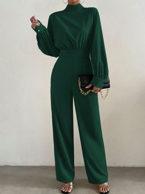 Mock Neck Lantern Sleeve Wide Leg JumpsuitI discovered amazing products on SHEIN.com, come check them out! Work Jumpsuits For Women, Green Jumpsuit Outfit Classy, Green Jumpsuit Outfit, Formal Aesthetic, Comfy Spring Outfits, Autumn Color Palette Fashion, Work Jumpsuit, Blazer Outfits Casual, Open Range