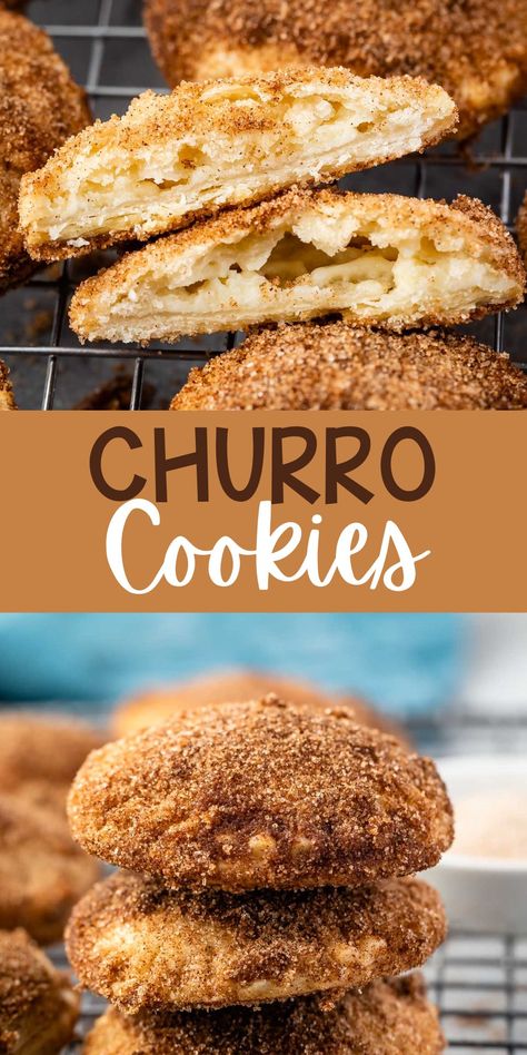 Churros Cookies Recipe Easy, Churrodoodle Cookie, Mexican Food Breakfast Recipes, Churro Cookies Easy, Mexican Finger Desserts, Churro Cinnamon Rolls, Churro Filling Recipes, Churros Cookies Recipe, Joanna Gaines Churro Cookies