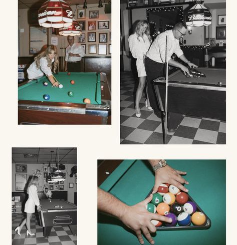 Engagement Photos Playing Pool, Retro Engagement Photos 1950s, Pool Table Engagement Photos, Billiards Photoshoot, Pool Table Photoshoot, Table Photoshoot, Seattle Photoshoot, Retro Engagement Photos, Creative Engagement Photos