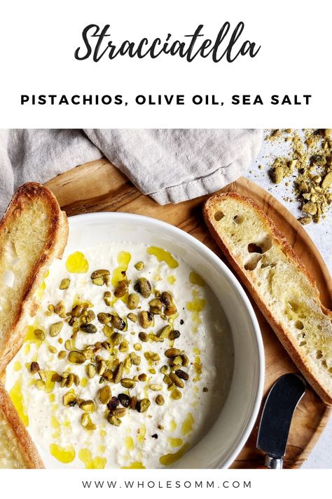 Upgrade your cheeseboard game!  Creamy stracciatella with crushed pistachios, extra virgin olive oil, and Himalayan pink salt.  Served with toasted crostini.  Paired with Pinot Grigio.   #wholesomm #vegetarian #winepairing #vegetarianwinepairing #wine #foodandwine #plantbased #vino #meatless #stracciatella #italianfood #italy #italiancheese #cheeseboard #charcuterie #cheeseboardinspo #pistachios #oliveoil #crostini #cheese #aperetivo #appetizer #easycheeseappetizer #fancycheeseball Stracciatella Recipe, Pistachio Drink, Stracciatella Cheese, Toasted Crostini, Italian Diet, Cheese Appetizer, White Wine Sauce, Italian Appetizers, Vegetarian Appetizers