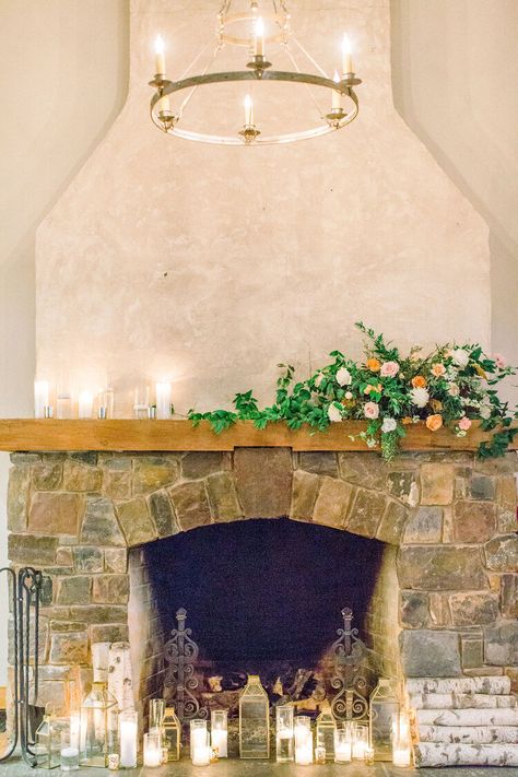 Apricot Wedding Flowers, Gold Lanterns Wedding, Flowers On Fireplace, Wedding Fireplace Decor, Wedding Mantle Decor, Wedding Fireplace Decorations, Stone Mantle Decor, Spring Fireplace Decor, Mantel Flowers