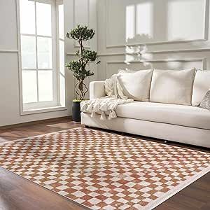 Hauteloom Pertek Checkered Tile Living Room Bedroom Dining Room Area Rug - Bohemian Boho Carpet - Square Tile Farmhouse - Faded Distressed - Cream, Beige, Light Red, Somon - 6'7" x 9' Dining Room Area Rug, Area Room Rugs, Farmhouse Area Rugs, Living Room Tiles, Carpet Squares, Geometric Carpet, Inspire Me Home Decor, Bedroom Area Rug, Checkered Rug