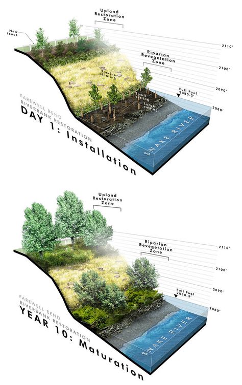 Useful way to communicate topographic data. Landscape Architecture Presentation, Landscape Diagram, Landscape Architecture Diagram, Landscape Architecture Graphics, Park River, Desain Lanskap, Architecture Graphics, Landscape Architecture Design, River Bank