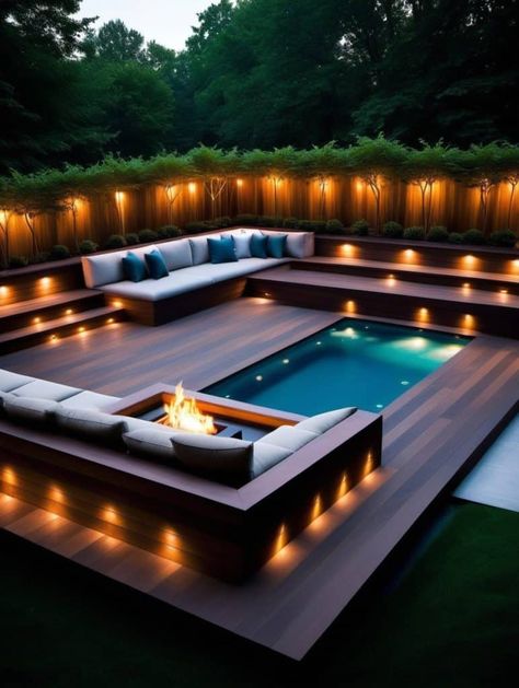 28 Stunning In-Ground Pool Deck Concepts for your Backyard Oasis Built In Hot Tub, Garden Sitting Area, Pool Fire Pit, Sunken Lounge, Sunken Hot Tub, Lounge Pool, Rooftop Restaurant Design, Sunken Fire Pits, Outdoor Sitting