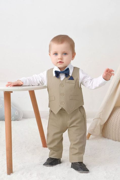 The baby boy dress clothes are made of high-quality cotton blend fabric, soft, breathable, and skin-friendly. the baby boy outfits, classic color matching, white baby long-sleeved romper with bow tie, khaki or gray vest with pants, these will make baby very cool. #suit_set #outfit Birthday Boy Outfit 1st, Baby Boy Dress Clothes, Boy Dress, Gray Vest, Virtual Background, Baby Boy Dress, Baby Boy 1st Birthday, Tshirt Design Men