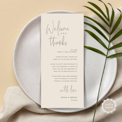 Welcome and Thanks, Place Setting Thank You Card Welcome Cards, Dinner Place, Place Setting Cards, Intimate Gathering, Dinner Places, Script Design, Welcome Card, Feeling Appreciated, Design Theme