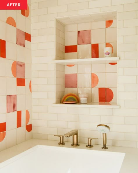 Colorful tiles in bathroom shelf area after renovation. Tile Bathroom Walls Ideas, Colourful Modern Bathroom, Colourful Ensuite, Colorful Small Bathroom Ideas, Two Tone Shower Tile, Bathroom Half Tile, Bathroom Small Tiles, Colourful Bathroom Tiles, Bathroom Wall Cabinet Ideas