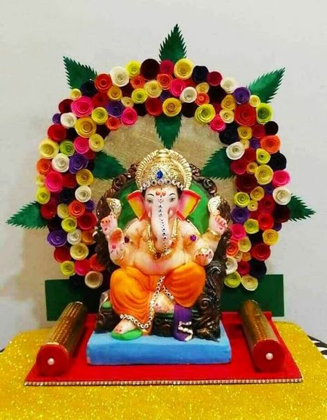 Bappa Decoration, Eco Friendly Ganpati Decoration, Ganpati Decoration Theme, Ganesh Chaturthi Decoration, Ganesh Puja, Ganpati Decoration At Home, Janmashtami Decoration, Ganapati Decoration, Ganesha Idol