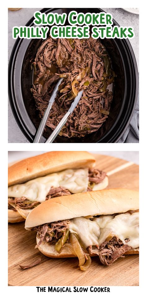 Slow Cooker Shredded Beef Philly Cheese Steak have tender beef, onion, and peppers. Pile on a bun and top with Swiss cheese. - The Magical Slow Cooker Crock Pot Cheesesteak, Philly Steak Crockpot Recipes, Crockpot Steak And Cheese, Slow Cooker Cheese Steak, Shredded Beef Philly Cheesesteak, Philly Cheese Steak In Crockpot, Shredded Steak Sandwich, Philly Cheese Steak Crockpot Recipes, Sides For Cheesesteaks